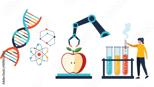 Scientific research scene shows a female scientist working with lab equipment, DNA strands, and complex molecules.