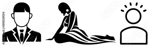 Stylized male, female, and sun in black, flat design, symbolic representation, graphic elements, user profile symbols.