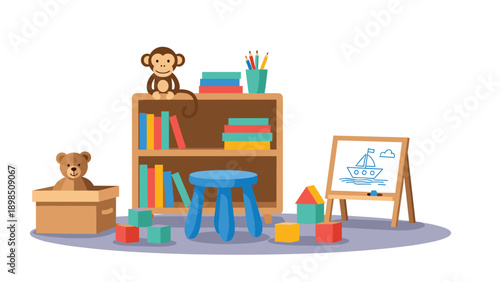 Playroom interior for children featuring a wooden bookshelf filled with books, stuffed monkey, toy bear in a cardboard box, and an easel.