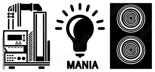 Three vector industrial equipment, glowing lightbulb with "MANIA" text, concentric circle speaker grille. Flat design,, isolated elements.