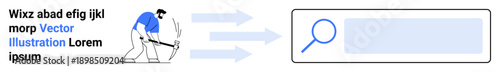 Data search, analytics, online research, information gathering, data processing, internet-based work. Worker using a pickaxe with arrows leading to a magnifying glass. Data search and analytics