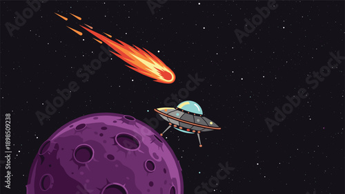 Extraterrestrial spacecraft flying over a purple cratered planet with a fiery comet streaking across dark outer space galaxy.
