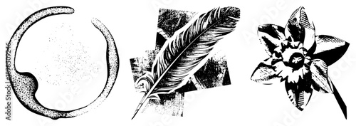 Classic writing tools and emblem in halftone style, inkwell with dotted texture, quill feather with detailed barbs, daffodil with layered petals, vector art for design projects.