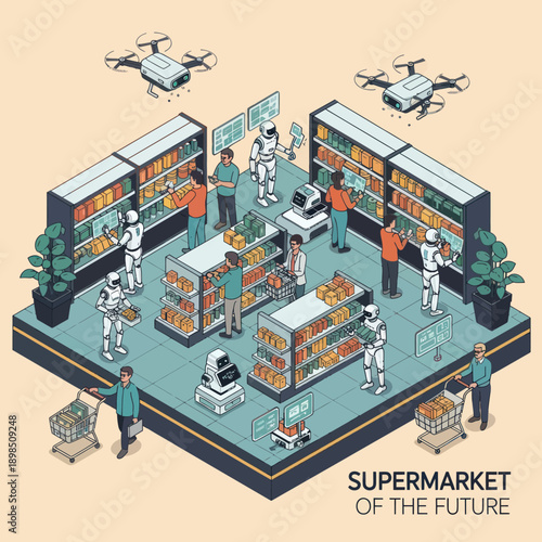 Futuristic Supermarket with Robots and Drones.