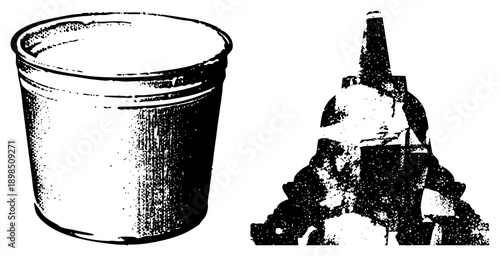 Black and white halftone graphic of disposable cup and ice cream cone, stylized vector art, isolated food items, dessert packaging, retro print aesthetic.