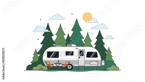 Classic silver camper trailer parked in a green pine forest with camping chairs for a relaxing outdoor getaway and road trip.