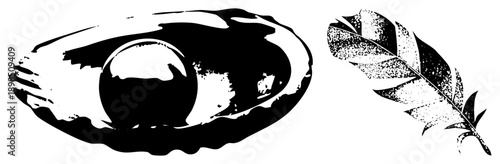 Black and white halftone graphic of oyster holding pearl, paired with textured feather, classic illustration style, isolated vector art.