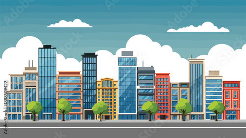 Colorful urban city skyline featuring various modern buildings and green trees under a cloudy blue sky for architecture concept.
