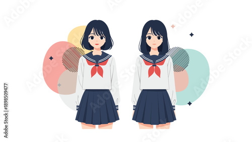 Two cute schoolgirls in traditional Japanese sailor style school uniforms with red bows on a colorful abstract circle background.