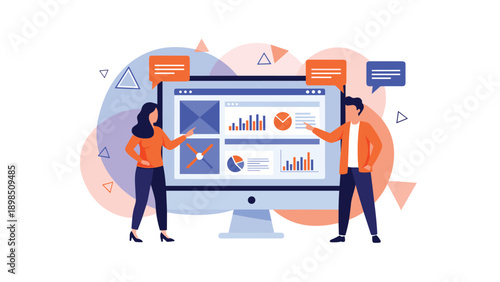 Man and woman analyzing business data and charts on a large computer monitor during a collaborative professional work session.
