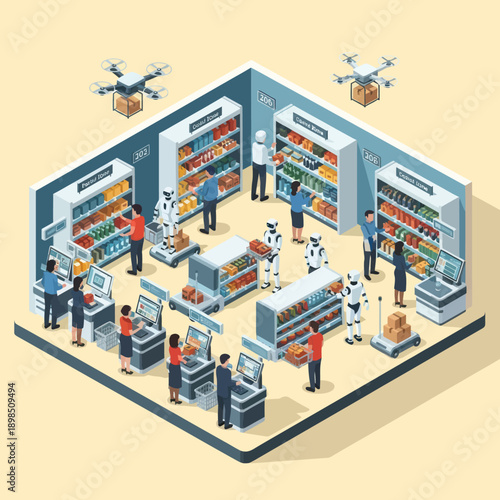 Isometric View of Busy Supermarket Scene.