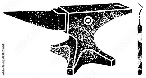 ’s anvil with textured surface, hammer beside, forging tool, metalworking equipment, rustic workshop, stylized silhouette.