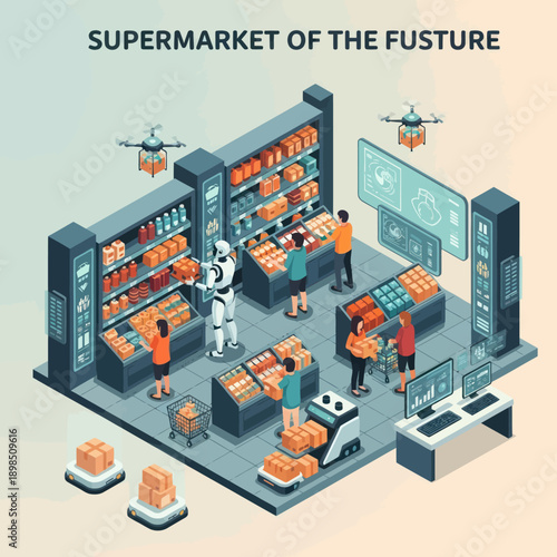 Futuristic Supermarket with Robots and Technology.