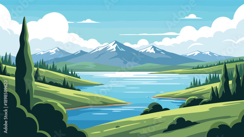 Peaceful nature landscape featuring a calm blue lake surrounded by green fields, pine trees, and snow-capped mountain peaks.