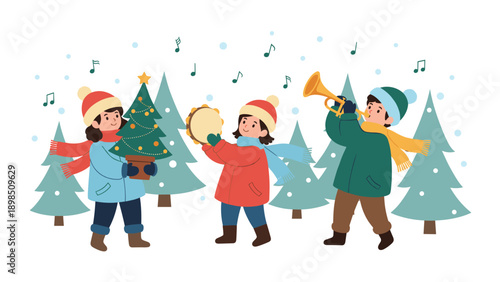 Group of happy children in winter clothes singing carols with instruments in a snowy pine forest during Christmas celebration.