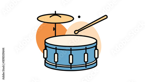 Blue snare drum and a golden cymbal on a stand with a drumstick for music instrument and percussion equipment product concept.