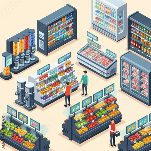 Supermarket with People Shopping for Groceries.