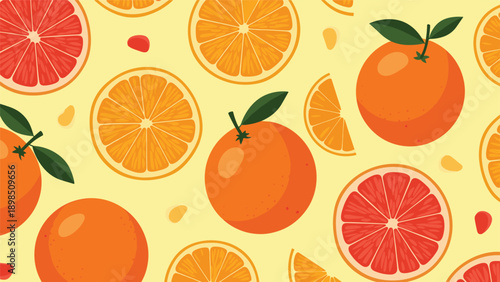 Vibrant fruit pattern featuring whole and sliced oranges and grapefruits on a light yellow background for fresh food design.