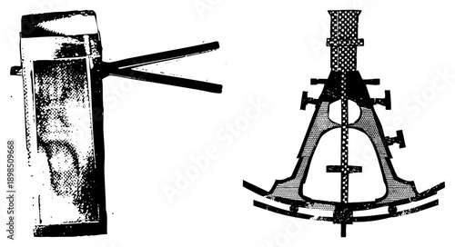 Black and white halftone graphic depicting mechanical tools, industrial equipment, and structural components, rendered in vector style with dot and clean.