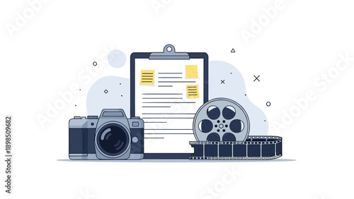 Professional filmmaking equipment set including a DSLR camera, a film reel, and a production clipboard for cinema movie project.