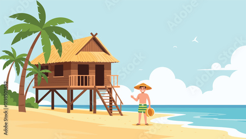 Relaxing tropical beach scene with a wooden hut on stilts and a man wearing a straw hat enjoying summer vacation by the ocean.
