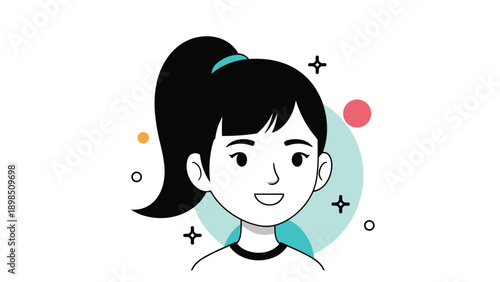 Cheerful portrait of a young girl with black hair in a high ponytail on a mint green circle background with stars and dots.