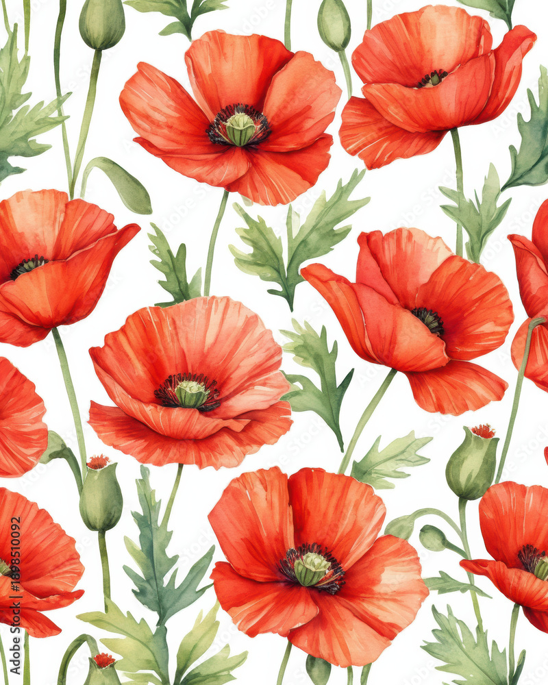 Fototapeta premium Vibrant red poppy blossoms create a seamless watercolor floral pattern with green leaves on a white background.