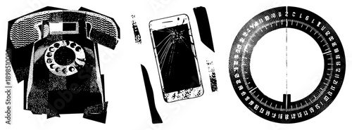 Retro rotary telephone, shattered smartphone, circular protractor tool, tech evolution, halftone vector art, communication devices, measurement instrument.