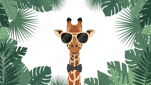 Cool giraffe character wearing sunglasses and a polka dot bowtie framed by lush tropical palm leaves on a white background.