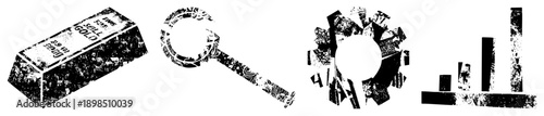 Distressed black and white vector including gold bar, magnifying glass, gear, and bar chart, ideal for financial or analytical themes. Grunge texture, isolated elements, design.