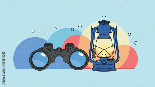 Travel and exploration concept featuring black binoculars and a blue kerosene lantern against a colorful geometric background.