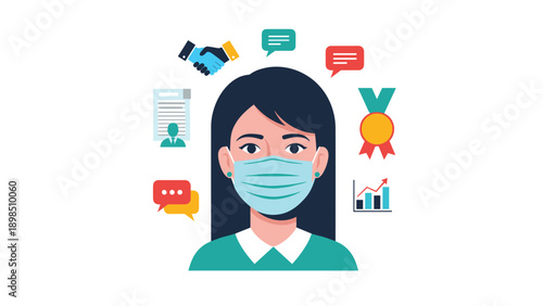 Woman wearing a blue surgical face mask surrounded by icons representing health, communication, and business achievements.