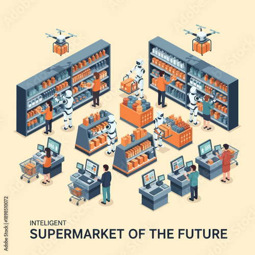 Futuristic Supermarket Warehouse with Robots and Drones.