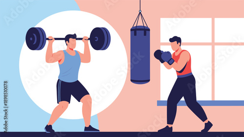 Fitness and workout illustration showing one man lifting a heavy barbell and another man training with a boxing bag in a gym.