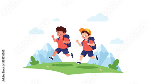 Two young boys with blue backpacks running happily across a green meadow with high mountain peaks in the background.