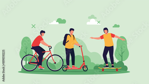 Three young men using alternative transportation including a bicycle, scooter, and skateboard in a lush green park.