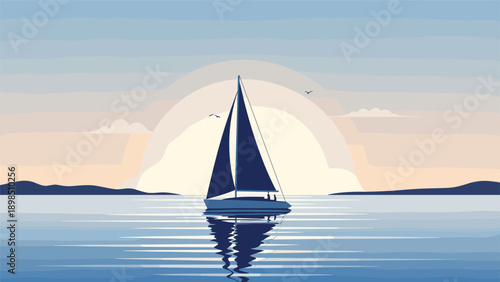 Silhouette of a single sailboat cruising on calm water during a peaceful sunset with large sun reflecting on the surface.