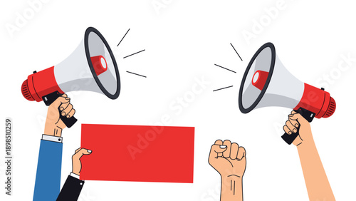 Protest and activism concept showing multiple hands holding megaphones, a blank red sign, and a raised fist for justice.