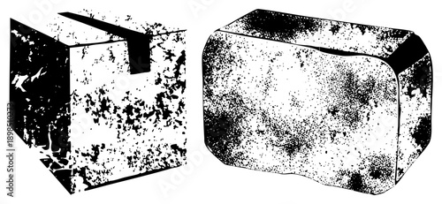 Rough hewn concrete blocks with distressed texture, halftone dot, industrial material, construction element, architectural detail, urban decay aesthetic, vector illustration.