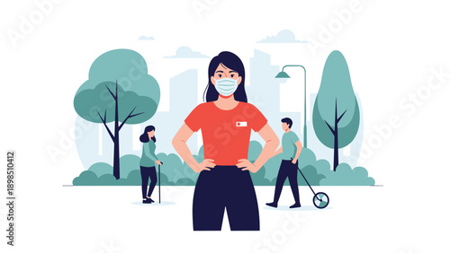 Young woman wearing a protective face mask standing in a public park with people and city buildings in the background.