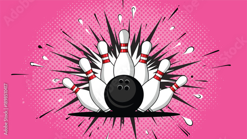 Dynamic bowling scene with a black ball hitting several pins in a colorful comic-book style explosion effect.