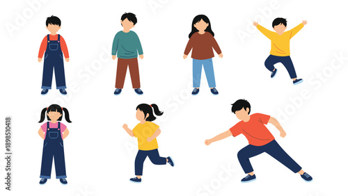 Group of diverse children in different poses including standing, running, and jumping, representing active youth.