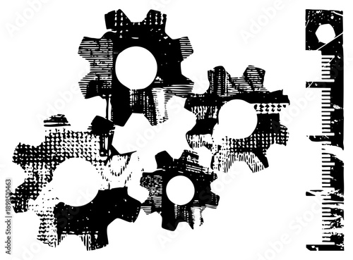 Mechanical gears meshing together, engineering components, industrial design, technical illustration, black and white vector art, mechanical precision, gear assembly.