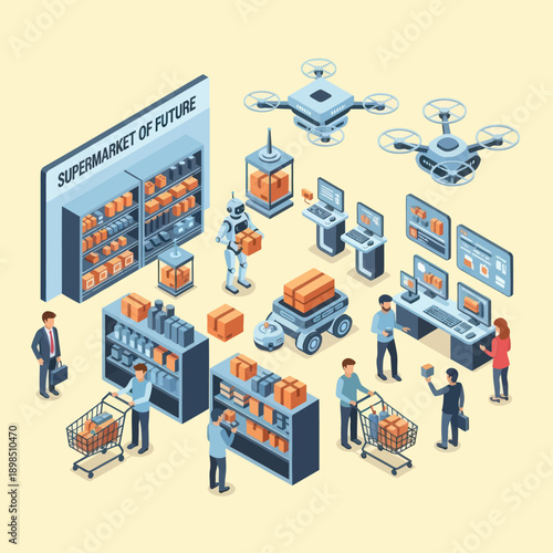 Futuristic Supermarket with Automation Technology.
