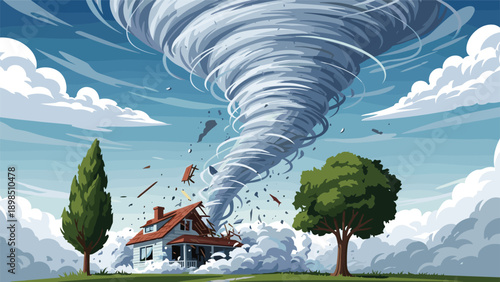 Powerful tornado or twister storm destroying a residential house in a rural landscape with trees and stormy clouds.