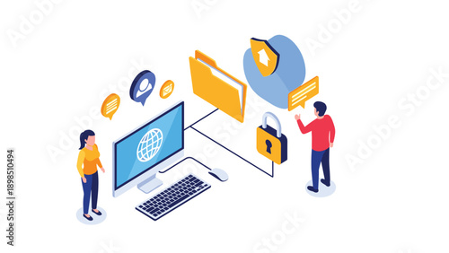 Isometric concept of internet security and data protection showing a computer with a globe and people managing secure cloud storage folders.