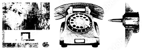Retro rotary telephone with dial, weathered wall surface, aircraft engine, vector halftone style, isolated foreground elements.