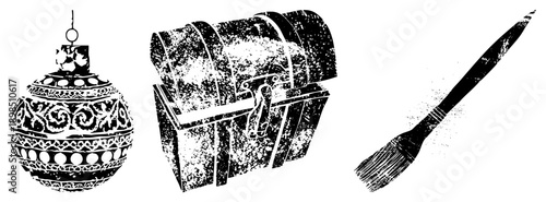 Festive holiday ornament with intricate, vintage treasure chest with latch, artist’s paintbrush with bristles, vector for creative or seasonal themes.