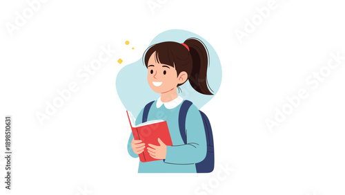 Cheerful young girl with a ponytail wearing a backpack and holding a red book ready for school on an abstract light blue background.
