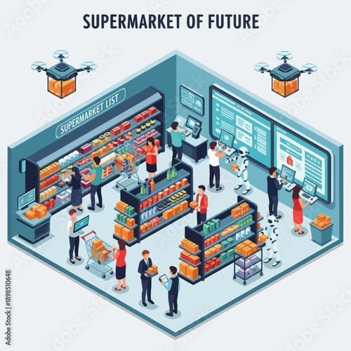 Futuristic Supermarket with Drones and Shoppers.